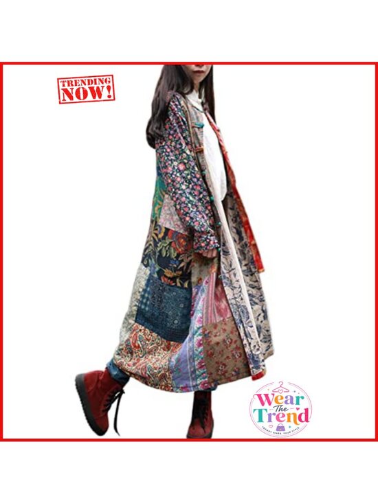 Jackets & Blazers - Women Patchwork Floral Cotton Linen Trench Coat Button Boho Duster